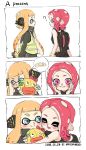  2girls ? agent_8 artist_name band_aid black_shirt black_shorts blue_eyes blush comic commentary dated domino_mask fangs hands_on_own_face hug ink_tank_(splatoon) inkling makeup mascara mask matchaneko multiple_girls octoling orange_hair pink_eyes pointy_ears redhead shirt shorts splatoon splatoon_(series) splatoon_2 splatoon_2:_octo_expansion squidbeak_splatoon stuffed_toy suction_cups tentacle_hair yellow_coat yuri 