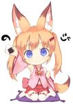  1girl :3 animal_ear_fluff animal_ears arm_up back_bow bangs blue_eyes blush bow closed_mouth detached_sleeves food fox_ears fox_tail full_body hair_ornament hairclip head_tilt holding holding_food kemomimi_oukoku_kokuei_housou long_hair looking_to_the_side mikoko_(kemomimi_oukoku_kokuei_housou) navel onigiri orange_hair pink_bow pink_shirt pink_sleeves purple_pillow red_skirt sakurako shirt sitting skirt solo tail thigh-highs twintails virtual_youtuber wariza white_legwear zettai_ryouiki 