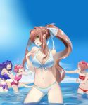  4girls :d ^_^ arm_behind_back beach bikini blue_eyes blue_sky bow bow_bikini breasts brown_hair closed_eyes closed_eyes clouds collarbone commentary day doki_doki_literature_club english_commentary eyebrows_visible_through_hair grabbing green_eyes hair_bow hair_ribbon hand_on_own_chest head_tilt highres large_breasts long_hair looking_at_another looking_at_viewer medium_breasts monika_(doki_doki_literature_club) multiple_girls natsuki_(doki_doki_literature_club) navel odakojirou one-piece_swimsuit open_mouth outdoors parted_lips pink_hair pink_swimsuit ponytail purple_bikini purple_hair red_bikini red_bow ribbon sarong sayori_(doki_doki_literature_club) short_hair sky small_breasts smile splashing stomach swimsuit two_side_up very_long_hair wading water white_bikini white_ribbon yuri_(doki_doki_literature_club) 