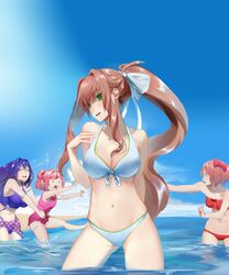  4girls :d ^_^ arm_behind_back beach bikini blue_eyes blue_sky bow bow_bikini breasts brown_hair closed_eyes closed_eyes clouds collarbone commentary day doki_doki_literature_club english_commentary eyebrows_visible_through_hair grabbing green_eyes hair_bow hair_ribbon hand_on_own_chest head_tilt highres large_breasts long_hair looking_at_another looking_at_viewer medium_breasts monika_(doki_doki_literature_club) multiple_girls natsuki_(doki_doki_literature_club) navel odakojirou one-piece_swimsuit open_mouth outdoors parted_lips pink_hair pink_swimsuit ponytail purple_bikini purple_hair red_bikini red_bow ribbon sarong sayori_(doki_doki_literature_club) short_hair sky small_breasts smile splashing stomach swimsuit two_side_up very_long_hair wading water white_bikini white_ribbon yuri_(doki_doki_literature_club) 