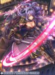  1girl armor ass axe black_gloves breasts camilla_(fire_emblem_if) castle cleavage company_name elbow_gloves fire fire_emblem fire_emblem_cipher fire_emblem_if fumi_(butakotai) gauntlets gloves hair_over_one_eye holding holding_axe horns large_breasts lizard long_hair nintendo official_art outdoors pegasus_knight purple_hair slashing smile solo very_long_hair violet_eyes wavy_hair yellow_sclera 