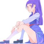  1girl akinbo_(hyouka_fuyou) bangs blue_dress blue_footwear blunt_bangs dress grey_shirt highres izayoi_liko long_hair long_sleeves mahou_girls_precure! parted_lips pinafore_dress pink_eyes precure purple_hair red_ribbon rei_no_himo ribbon shirt short_dress simple_background sitting sleeveless sleeveless_dress smile solo white_background white_legwear 