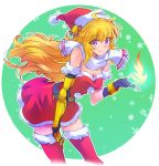  1girl ahoge blonde_hair boots breasts christmas dress fur_trim hat highres iesupa large_breasts long_hair red_dress rwby santa_boots santa_costume santa_hat scarf solo violet_eyes wavy_hair yang_xiao_long 