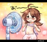  1girl ahoge bloomers brown_eyes brown_hair clothes_lift electric_fan fanning_self flat_chest glasses hot letterboxed lifted_by_self long_hair low_twintails lowres navel pote_(ptkan) red-framed_eyewear saliva semi-rimless_eyewear sitting solo stomach sweat touhou twintails under-rim_eyewear underwear usami_sumireko wavy_hair 