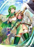  1girl armor bangs belt bracelet breastplate clouds cloudy_sky company_connection copyright_name day elbow_gloves feathered_wings fingerless_gloves fingernails fire_emblem fire_emblem:_mystery_of_the_emblem fire_emblem_cipher gloves green_hair headband holding holding_weapon jewelry long_hair matsurika_youko nintendo official_art open_mouth outdoors paola pegasus polearm sheath sheathed shiny shiny_clothes shiny_hair shiny_skin shoulder_armor sidelocks sky spear sword thigh-highs tree turtleneck weapon wings zettai_ryouiki 