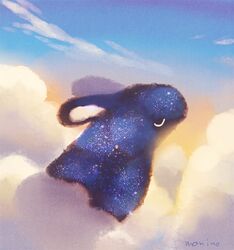  above_clouds bad_id bad_twitter_id blue_sky closed_eyes day flying from_side highres manino_(mofuritaionaka) original outdoors rabbit signature sky sleeping u_u 