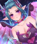  1girl alternate_costume atobesakunolove bare_shoulders blue_hair blush breasts choker cleavage collarbone dress dutch_angle elbow_gloves elf fairy fairy_wings gloves hair_bun hair_ornament highres looking_at_viewer mechanical_wings medium_breasts mercy_(overwatch) overwatch parted_lips pointy_ears purple_dress purple_gloves purple_ribbon ribbon ribbon_choker short_hair simple_background sleeveless sleeveless_dress solo sparkle sugar_plum_fairy_mercy twitter_username upper_body violet_eyes white_background wings 