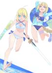  2girls :d ahoge akinbo_(hyouka_fuyou) aqua_eyes arms_up artoria_pendragon_(all) artoria_pendragon_(swimsuit_archer) barefoot bikini blonde_hair blue_bikini blue_eyes blue_jacket bouncing_breasts braid braided_bun braided_ponytail breasts cleavage collarbone dutch_angle excalibur fate/grand_order fate_(series) gun halterneck hibiscus_print highres holding holding_gun holding_sword holding_weapon innertube jacket jeanne_d&#039;arc_(fate)_(all) jeanne_d&#039;arc_(swimsuit_archer) leg_up long_hair long_sleeves looking_to_the_side medium_breasts multiple_girls ocean open_clothes open_jacket open_mouth short_hair simple_background single_braid sketch smile soles swimsuit sword thigh_strap very_long_hair water_gun weapon white_background white_bikini 