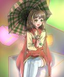  1girl ahoge breasts brown_hair cape coat commentary_request cube dress flower full_body green_eyes hair_ornament hairband holding holding_umbrella lilka_eleniak long_hair long_sleeves looking_at_viewer low-tied_long_hair natsuki_chinatsu open_mouth plaid plaid_umbrella sidelocks skirt small_breasts smile solo thigh-highs twintails umbrella white_legwear wild_arms wild_arms_2 yellow_hairband 