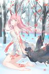  1girl barefoot blue_eyes bomhat corset darling_in_the_franxx dress floating_hair full_body highres horns kneeling long_hair looking_at_viewer outdoors parted_lips pink_hair short_dress sleeveless sleeveless_dress snowing soles solo torn_clothes torn_dress tree white_dress zero_two_(darling_in_the_franxx) 