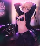  1girl arms_behind_back arms_up artoria_pendragon_(all) artoria_pendragon_(lancer_alter) backlighting bangs belt belt_buckle belt_pouch bikini_top black_bikini_top black_jacket black_pants black_ribbon blonde_hair blurry blurry_background blush braid breasts buckle character_name cleavage collarbone commentary commentary_request cowboy_shot criss-cross_halter dark depth_of_field english_commentary fate/grand_order fate_(series) food food_in_mouth french_fries front-tie_bikini front-tie_top groin ground_vehicle hair_between_eyes hair_ribbon halterneck holster jacket leg_belt legs light_particles long_sleeves looking_at_viewer midriff motor_vehicle motorcycle mouth_hold nagu navel neon_lights night open_clothes open_jacket outdoors pants pouch ribbon short_hair sidelocks signature small_breasts solo standing stomach thigh_holster wing_collar yellow_eyes 