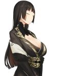  112san 1girl bangs black_hair black_kimono blunt_bangs breasts cleavage closed_eyes final_fantasy final_fantasy_xv gentiana highres hime_cut japanese_clothes kimono large_breasts long_hair obi sash simple_background solo upper_body white_background 