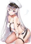  1girl azur_lane bangs between_breasts bikini blush breasts cleavage collarbone commentary_request enterprise_(azur_lane) erect_nipples eyebrows_visible_through_hair hair_between_eyes hat highres kneeling large_breasts long_hair looking_at_viewer military_hat necktie necktie_between_breasts parted_lips revealing_clothes shiny shiny_hair shiny_skin silver_hair simple_background solo swimsuit very_long_hair violet_eyes white_background white_bikini yayoichi_(yoruyoru108) 