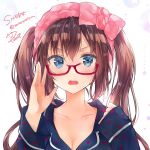  1girl :o artist_name bangs blue_eyes blue_shirt blush breasts brown_hair cleavage collarbone commentary_request eyebrows_visible_through_hair furrowed_eyebrows glasses hand_on_eyewear hands_up headdress heart heart_print long_hair long_sleeves looking_at_viewer looking_over_eyewear open_mouth original peke_(xoxopeke) red-framed_eyewear shiny shiny_hair shirt sidelocks signature sleeves_past_wrists solo star tareme twintails twitter_username upper_body upper_teeth v-shaped_eyebrows wavy_mouth white_background wing_collar 