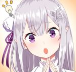  1girl :o butterfly_hair_ornament commentary_request emilia_(re:zero) eyebrows_visible_through_hair fingers_together flower grey_hair hair_flower hair_ornament hairclip hands_up head_tilt light_bulb long_sleeves looking_at_viewer open_mouth own_hands_together pointy_ears portrait re:zero_kara_hajimeru_isekai_seikatsu solo violet_eyes white_flower yasuyuki 