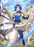 1girl armor bangs belt blue_eyes blue_hair blue_sky breastplate castle clouds cloudy_sky company_connection copyright_name day dress elbow_gloves feathered_wings feathers fingerless_gloves fire_emblem fire_emblem:_mystery_of_the_emblem fire_emblem_cipher gloves headband holding holding_weapon horseback_riding katua looking_at_viewer matsurika_youko nintendo official_art outdoors parted_lips pegasus pegasus_knight polearm rainbow riding shiny shiny_clothes shiny_hair shiny_skin short_dress short_hair shoulder_armor sky sleeveless smile spear thigh-highs weapon wings 
