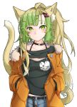  1girl absurdres ahoge animal_ear_fluff animal_ears atalanta_(fate) bangs belt black_belt black_choker black_shirt blue_pants blush breasts brown_hair cat_ears cat_girl cat_tail choker closed_mouth clothes_writing collarbone commentary_request ear_piercing eyebrows_visible_through_hair fate/apocrypha fate_(series) fur-trimmed_jacket fur_trim gradient_hair green_eyes green_hair hair_ornament hairclip hands_in_pockets highres jacket kirishina_(raindrop-050928) multicolored_hair open_clothes open_jacket orange_jacket pants piercing print_shirt shirt simple_background small_breasts solo tail white_background 