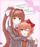  2girls ;d anniversary blue_eyes blush border bow brown_hair commentary doki_doki_literature_club english eyebrows_visible_through_hair green_eyes grey_jacket hair_between_eyes hair_bow hair_ribbon hand_up happy_birthday highres hug jacket long_hair looking_at_viewer monika_(doki_doki_literature_club) multiple_girls one_eye_closed open_mouth pink_border pink_hair ponytail red_bow ribbon sayori_(doki_doki_literature_club) school_uniform short_hair simple_background smile very_long_hair white_ribbon yoh_(poyo643) 