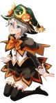  1girl :o ange_(princess_principal) black_footwear blue_eyes blush boots bow bowtie brown_capelet brown_skirt food_themed_hair_ornament full_body green_hat hair_between_eyes hair_ornament halloween halloween_costume hat highres kneeling long_sleeves miniskirt orange_bow orange_neckwear princess_principal pumpkin_hair_ornament shiny shiny_hair short_hair silver_hair simple_background skirt solo taniguchi_gou thigh-highs thigh_boots white_background witch_hat zettai_ryouiki 