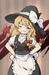  1girl ;d apron berazasu black_headwear black_vest blonde_hair blood blood_on_clothes blood_on_face bow braid commentary_request cookie_(touhou) facing_viewer hair_bow hands_on_own_hips hat hat_bow highres kirisame_marisa long_hair one_eye_closed orange_eyes red_bow side_braid single_braid smile solo star_(symbol) striped striped_background suzu_(cookie) touhou vest white_apron white_bow witch_hat 