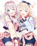  2girls ;d ^_^ alternate_hairstyle artist_name bang_dream! bangs belt black_choker blonde_hair blue_eyes center_frills choker clenched_hand closed_eyes closed_eyes clothes_around_waist earrings flower hair_ornament hair_ribbon hair_scrunchie hairpin heart heart_earrings highres jewelry long_hair long_sleeves midriff multiple_girls navel notice_lines one_eye_closed open_mouth patzzi pink_scrunchie pink_shirt plaid plaid_shirt polka_dot polka_dot_scrunchie red_choker ribbon rose sailor_collar scrunchie shirasagi_chisato shirt shirt_around_waist short_shorts shorts smile sparkle star thigh_strap twintails wakamiya_eve white_hair x_hair_ornament yellow_flower yellow_rose 