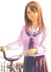  1girl bicycle brown_eyes brown_hair closed_mouth commentary_request ground_vehicle highres long_sleeves looking_at_viewer neckerchief original pleated_skirt purple_neckwear purple_skirt sailor_collar school_uniform serafuku shirt simple_background skirt solo standing tunapon01 white_background white_sailor_collar white_shirt 