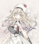  1girl armband belt beret blonde_hair blue_eyes dress finger_to_mouth gloves hair_between_eyes hat kantai_collection long_hair looking_at_viewer multicolored multicolored_clothes multicolored_dress multicolored_legwear multicolored_scarf pom_pom_(clothes) richelieu_(kantai_collection) sa-ya2 scarf solo strapless strapless_dress traditional_media white_gloves white_hat 
