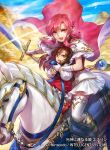  2girls animal armor armored_boots boots brown_eyes brown_hair cape child company_name copyright_name day dress ethlin_(fire_emblem) fire_emblem fire_emblem:_seisen_no_keifu fire_emblem_cipher fire_emblem_heroes gloves hairband holding holding_sword holding_weapon horse horseback_riding long_hair looking_at_viewer multiple_girls nintendo official_art open_mouth outdoors pantyhose pink_eyes pink_hair riding shiny shiny_hair short_dress shoulder_armor sidelocks skirt sword thigh-highs uroko_(mnr) weapon white_gloves white_skirt zettai_ryouiki 