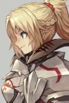  1girl armor blonde_hair braid fate/apocrypha fate/grand_order fate_(series) french_braid from_side full_armor green_eyes grey_background hair_ornament hair_scrunchie hankuri mordred_(fate) mordred_(fate)_(all) ponytail profile red_scrunchie scrunchie smile 