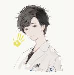  1boy black_hair breast_pocket closed_mouth copyright_request grey_background hand_print labcoat light_smile looking_at_viewer male_focus mo_(mocopo) pen pocket simple_background solo 