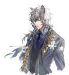  1boy animal_ears aokiku arknights bangs coat grey_eyes hair_between_eyes leopard_boy leopard_ears necktie scarf shirt short_hair silver_hair silverash_(arknights) simple_background snow_leopard solo upper_body vest white_background 