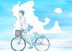  1girl bicycle bicycle_basket blue blue_bicycle blue_footwear blue_sky closed_mouth clouds collared_shirt commentary_request from_side ground_vehicle highres monochrome ocean original pleated_skirt shirt shoes short_hair short_sleeves skirt sky smile solo white_shirt wing_collar yokotakumi 