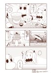  &gt;_&lt; ... 3girls blank_eyes bowl chopsticks closed_eyes collar comic detached_sleeves dress food food_on_face highres holding holding_bowl horn horns kantai_collection kotatsu long_hair mittens monochrome moomin multiple_girls muppo musical_note northern_ocean_hime outstretched_arm rice_bowl sazanami_konami seaport_hime shark shinkaisei-kan spoken_ellipsis standing surprised table tail tail_wagging television translation_request twitter_username watching_television wide_sleeves 