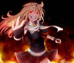  1girl baileys_(tranquillity650) bangs black_serafuku blonde_hair breasts fingerless_gloves fire floating-hair gloves gradient_hair hair_flaps hair_ornament hair_ribbon hairclip hand_up highres kantai_collection long_hair looking_at_viewer messy_hair multicolored_hair neckerchief pleated_skirt red_eyes remodel_(kantai_collection) ribbon scarf school_uniform serafuku sidelocks signature skirt smile solo twitter_username yuudachi_(kantai_collection) 