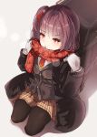  1girl alternate_costume bag bangs blush brown_jacket coat eyebrows_visible_through_hair floral_print girls_frontline gloves hair_ribbon jacket katuo1129 kneeling long_hair long_sleeves looking_at_viewer necktie open_mouth pleated_skirt red_eyes red_ribbon red_scarf redhead ribbon scarf shadow side_ponytail skirt solo wa2000_(girls_frontline) white_background white_gloves 