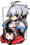  1boy acura_(gunvolt) ahoge armor azure_striker_gunvolt bangs dakusuta gloves grey_hair hair_between_eyes highres holding male_focus red_eyes red_gloves shoulder_pads silver_hair simple_background solo white_background 