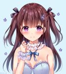  1girl bangs bare_shoulders black_bow blue_background blue_bow blue_bra blush bow bra brown_hair closed_mouth commentary_request eyebrows_visible_through_hair flower hair_between_eyes hair_bow hair_flower hair_ornament hand_up long_hair original purple_flower sakura_hiyori simple_background smile solo two_side_up underwear upper_body very_long_hair violet_eyes wrist_cuffs 