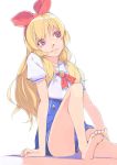  1girl aikatsu! aikatsu!_(series) akinbo_(hyouka_fuyou) barefoot blonde_hair blue_skirt bow eyebrows_visible_through_hair hair_bow hairband highres hoshimiya_ichigo long_hair looking_to_the_side looking_up miniskirt neck_ribbon red_bow red_eyes red_hairband red_ribbon ribbon sailor_collar school_uniform shiny shiny_hair shirt short_sleeves simple_background sitting sketch skirt soles solo very_long_hair white_background white_sailor_collar white_shirt 