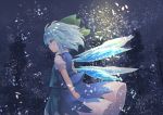  1girl arms_at_sides bangs blue_eyes blue_hair blue_skirt blue_vest blush bow cirno commentary_request eyebrows_visible_through_hair green_bow hair_between_eyes hair_bow ice ice_wings kibisake looking_away parted_lips profile puffy_short_sleeves puffy_sleeves shirt short_sleeves skirt solo touhou tree vest white_shirt wings 