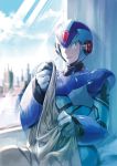  1boy android city cityscape clouds gloves green_eyes helmet holding kusuribe looking_at_viewer male_focus rockman rockman_x sitting sky smile solo white_gloves window x_(rockman) 