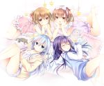  4girls :d :o akatsuki_(kantai_collection) arm_up ass bangs bare_arms bare_shoulders blue_eyes blue_hair blue_jacket blush bow brown_eyes brown_hair camisole chin_rest closed_eyes closed_mouth commentary_request dress eyebrows_visible_through_hair folded_ponytail frilled_pillow frills hair_between_eyes hair_bow hands_on_own_cheeks hands_on_own_face hibiki_(kantai_collection) hood hood_down hooded_jacket ikazuchi_(kantai_collection) inazuma_(kantai_collection) jacket kantai_collection long_hair long_sleeves looking_at_viewer lying multiple_girls on_back on_side on_stomach open_mouth parted_lips pillow pink_dress pom_pom_(clothes) purple_hair shirogane_hina short_shorts shorts sleeveless sleeveless_dress sleeves_past_wrists smile stuffed_animal stuffed_bunny stuffed_toy teddy_bear very_long_hair white_bow white_camisole white_shorts yellow_jacket 
