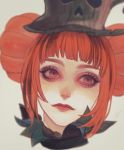  1girl bangs black_hat blunt_bangs closed_eyes closed_mouth commentary_request copyright_request double_bun eyelashes grey_background hat head_tilt highres lipstick makeup murasaki_(fioletovyy) pale_skin portrait red_lipstick redhead short_hair signature solo 