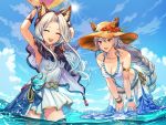  2girls :d animal_ears arm_ribbon armlet ball bangs bare_shoulders beachball blush bracelet braid breasts brown_eyes closed_eyes clouds collarbone commentary_request day erune eyebrows_visible_through_hair flower granblue_fantasy hair_intakes hair_tubes hands_above_head hands_on_own_knees hat hat_flower heles hibiscus holding holding_ball jewelry long_braid long_hair looking_at_viewer medium_breasts multiple_girls open_mouth partially_submerged ribbon sarong scathacha_(granblue_fantasy) silver_hair small_breasts smile sun sun_hat swimsuit torio_(mocd1985) very_long_hair water 