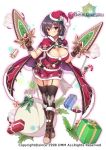  1girl back_bow black_bow black_hair black_legwear blush boots bow breasts brown_footwear candy candy_cane cape christmas cleavage closed_mouth dual_wielding flower flower_knight_girl food full_body fur_trim gift hat holding holding_weapon knee_boots large_breasts looking_at_viewer night_phlox_(flower_knight_girl) object_namesake official_art red_cape red_eyes red_hat red_skirt santa_costume santa_hat short_hair skirt smile solo sparkle standing thigh-highs thigh_strap utsurogi_akira weapon white_bow zettai_ryouiki 