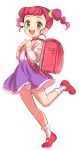  1girl :d absurdres backpack bag bangs blush child copyright_request full_body green_eyes heart highres long_sleeves open_mouth pink_hair purple_skirt randoseru red_footwear sekina shirt shoes simple_background skirt smile socks solo standing standing_on_one_leg twintails white_background white_legwear white_shirt 