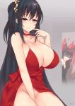  2girls absurdres akagi_(azur_lane) animal_ears azur_lane bangs bare_shoulders between_legs black_hair blush bottomless breasts choker cleavage cocktail_dress collarbone door dress eyebrows_visible_through_hair fox_ears hair_between_eyes hair_ornament hand_between_legs hand_to_own_mouth highres huge_breasts kuavera large_breasts long_hair looking_at_viewer multiple_girls no_panties obi one_side_up open_mouth paid_reward parted_lips patreon_reward peeking_out red_choker red_dress red_eyes sash shaded_face shiny shiny_skin sidelocks smile standing taihou_(azur_lane) tied_hair very_long_hair 