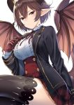  1girl absurdres black_jacket black_legwear blazer blush breasts brown_hair buttons center_frills dragon_girl dragon_horns dragon_tail dragon_wings granblue_fantasy grea_(shingeki_no_bahamut) hair_between_eyes highres horns jacket jun_project large_breasts long_sleeves looking_at_viewer plaid plaid_skirt pointy_ears red_eyes red_skirt shingeki_no_bahamut shirt short_hair simple_background skirt solo tail thigh-highs white_background white_shirt wings zettai_ryouiki 