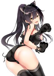  1girl :d animal_ear_fluff animal_ears ass bangs bare_arms bare_shoulders bell black_choker black_hair black_legwear bra breasts cat_cutout cat_ears cat_lingerie cat_paws choker cleavage_cutout commentary_request cowboy_shot eyebrows_visible_through_hair frilled_bra frills from_behind hair_between_eyes head_tilt highres idolmaster idolmaster_shiny_colors inuzumi_masaki jingle_bell long_hair looking_at_viewer looking_back medium_breasts meme_attire open_mouth panties paws ponytail shirase_sakuya side-tie_panties sidelocks simple_background smile solo standing thigh-highs underwear white_background yellow_eyes 