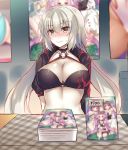  1girl ahoge arms_behind_back bangs bikini black_bikini black_choker black_jacket blurry blurry_background blurry_foreground blush breasts choker cleavage closed_mouth commentary_request embarrassed euryale eyebrows_visible_through_hair fate/grand_order fate_(series) flying_sweatdrops grey_hair jacket jeanne_d&#039;arc_(alter_swimsuit_berserker) jeanne_d&#039;arc_(fate)_(all) large_breasts long_hair looking_at_viewer medusa_(lancer)_(fate) o-ring o-ring_top open_clothes open_jacket pornography price_tag rider solo stheno suzune_rena swimsuit very_long_hair yellow_eyes 