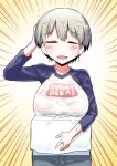  1girl :d =_= blush box breasts closed_eyes clothes_writing emphasis_lines eyebrows_visible_through_hair facing_viewer fang grey_hair hand_on_own_head hitotose_rin large_breasts open_mouth raglan_sleeves see-through short_hair simple_background smile solo uzaki-chan_wa_asobitai! uzaki_hana wet wet_clothes wet_hair yellow_background 